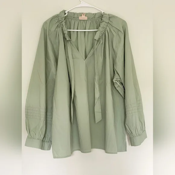 a.n.a Sage Green Relaxed Tie Front Blouse with Cuffed Sleeves - Picture 1 of 6